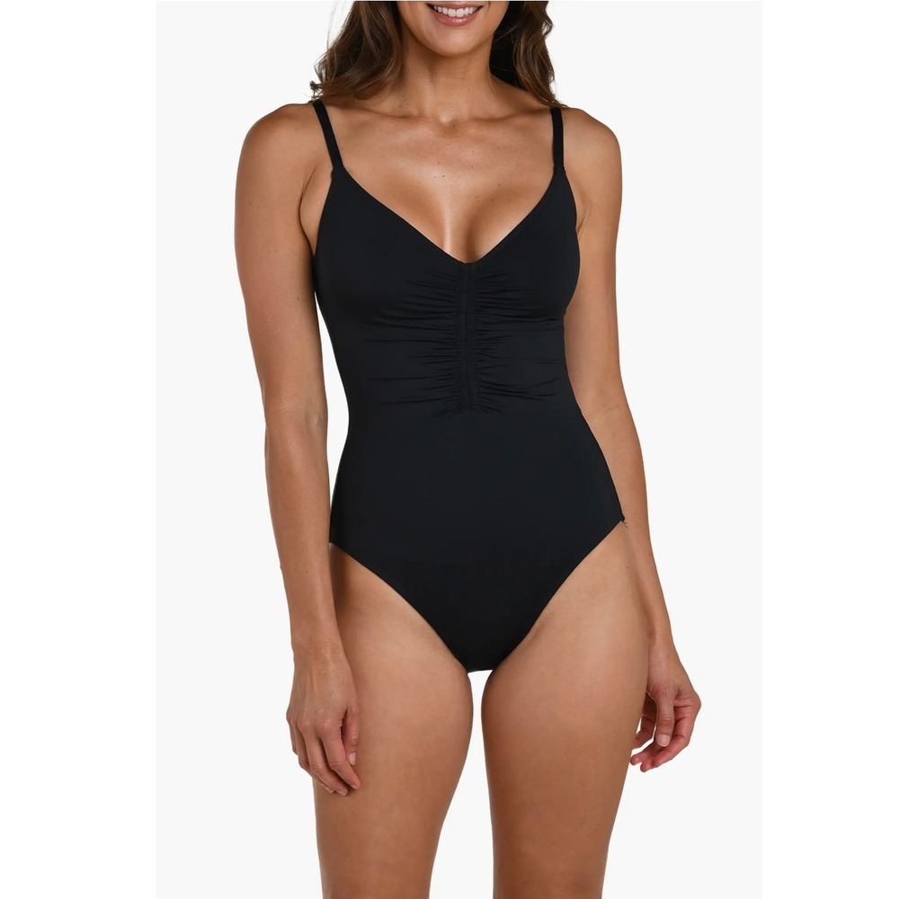 La Blanca Island Goddess Black Ruched Tummy Control One Piece Swimsuit Size 8